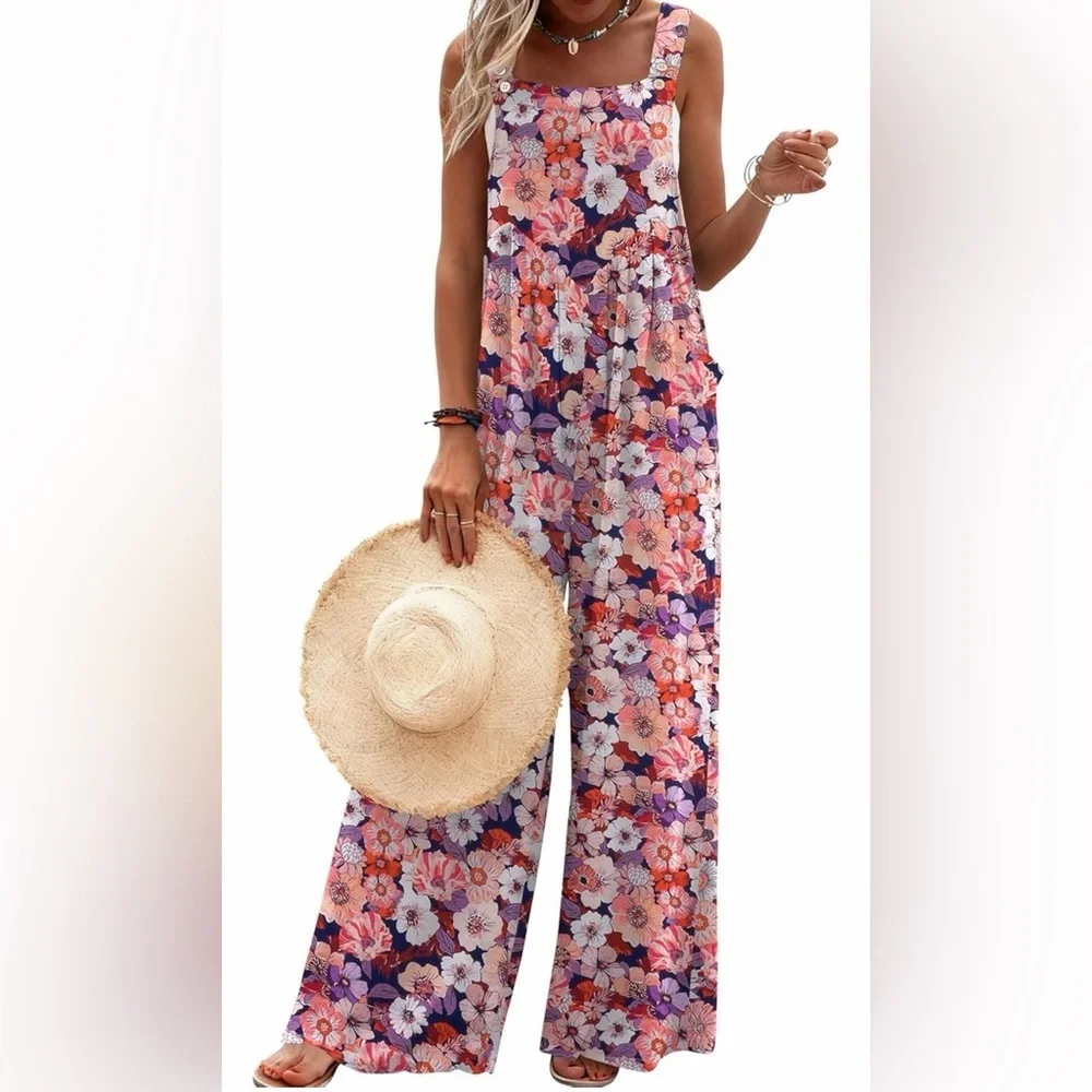 🆕Wide Leg Jumpsuits Summer Boho Floral Printed Baggy Rompers with Pockets